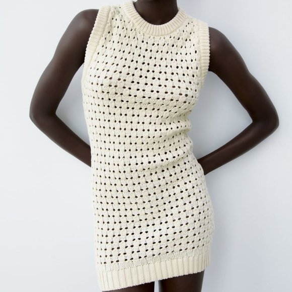 NWT ECRU BEIGE CREAM OPENWORK KNIT MINI DRESS. - Picture 3 of 8